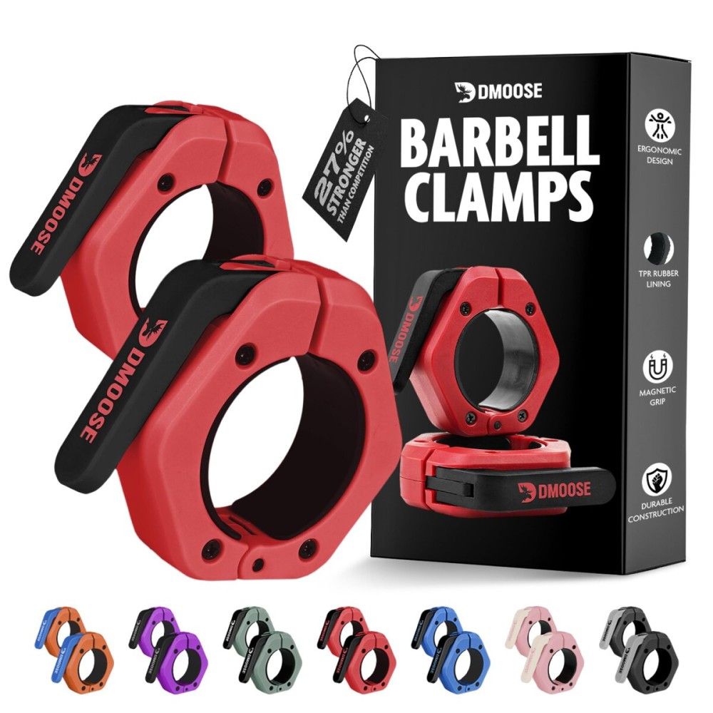 DMoose Fitness Barbell Clips 2 (Pair) - Quick Release Olympic Barbell Clamps with Anti Slip TPR Lining - Barbell Collars for Secure Weightlifting & Powerlifting, Weight Clips (Red & Black - Magnetic)