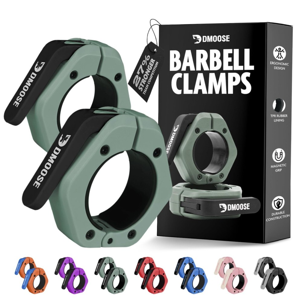 DMoose Fitness Barbell Clips 2 (Pair) - Quick Release Olympic Barbell Clamps with Anti Slip TPR Lining - Barbell Collars for Secure Weightlifting (Ranger Green & Black - Magnetic)