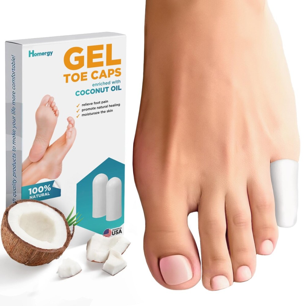 Soft Gel Toe Caps with Healing Coconut Oil - 6 Reusable Pinky Toe Protectors for Ingrown or Missing Toenails, Corns, Calluses & Blister Relief