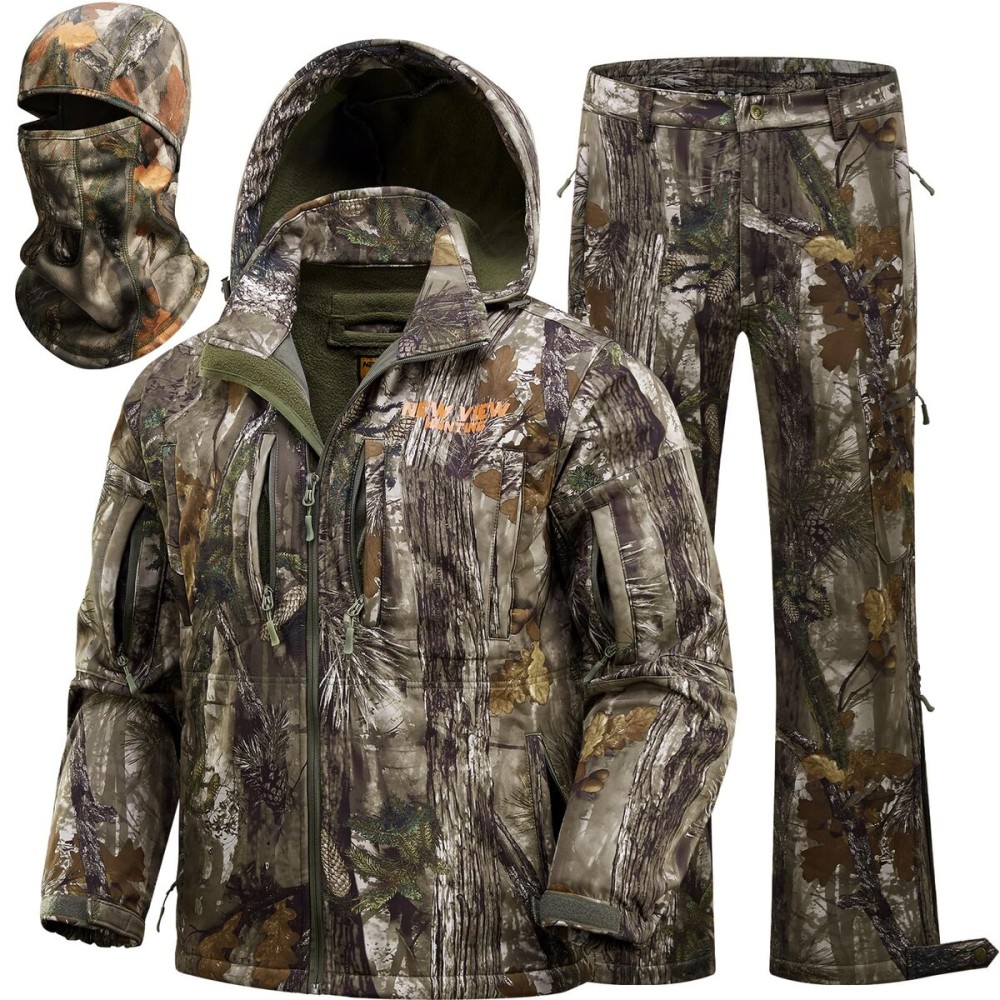NEW VIEW Camo Hunting Clothes for Men, Quiet Warm Fleece Lining, Cold Weather Deer Hunting Jacket and Pants with Face Mask