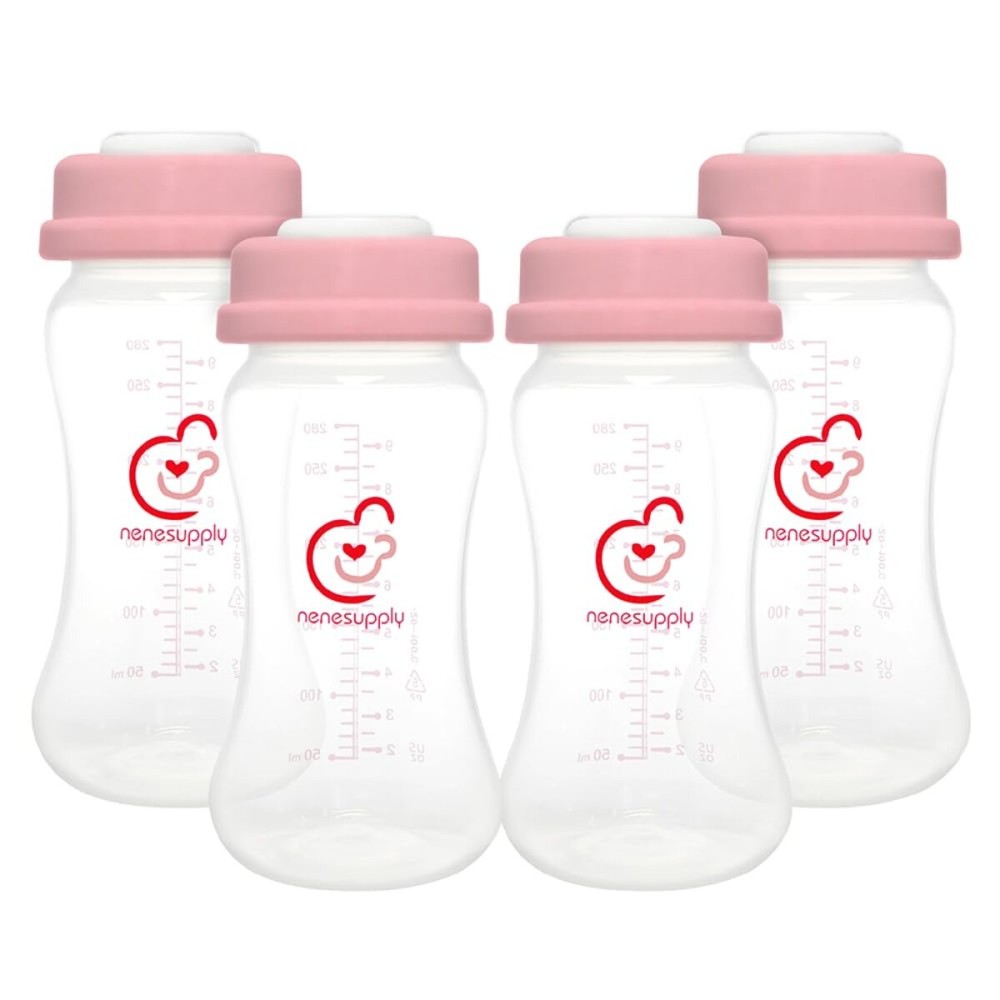 NENESUPPLY Breastmilk Storage Bottles Collection for Spectra S1 S2 Motif Luna Breast Pumps 4 pc 9oz 280ml with Collar and Sealing Disc. Replace Spectra Bottles for Pumping Wide-Mouth