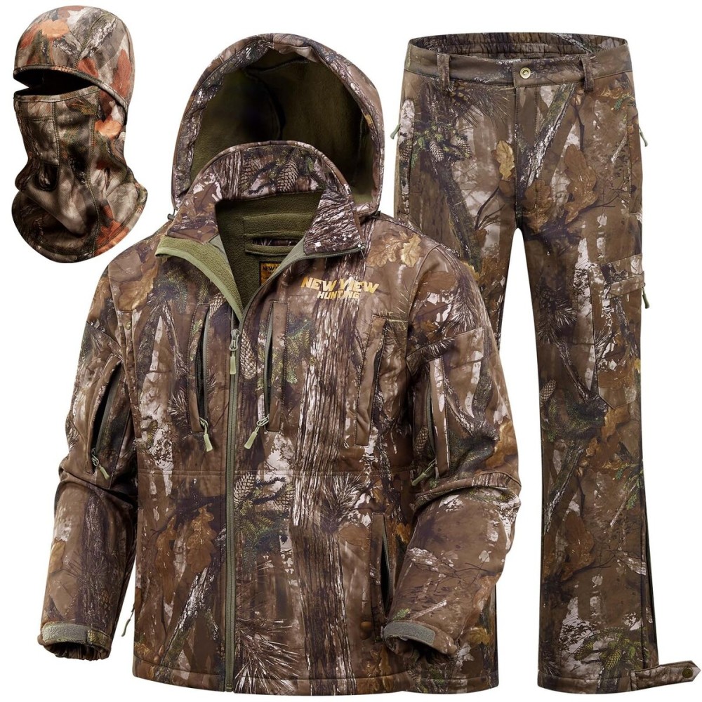 NEW VIEW Camo Hunting Clothes for Men, Quiet Warm Fleece Lining, Cold Weather Deer Hunting Jacket and Pants with Face Mask
