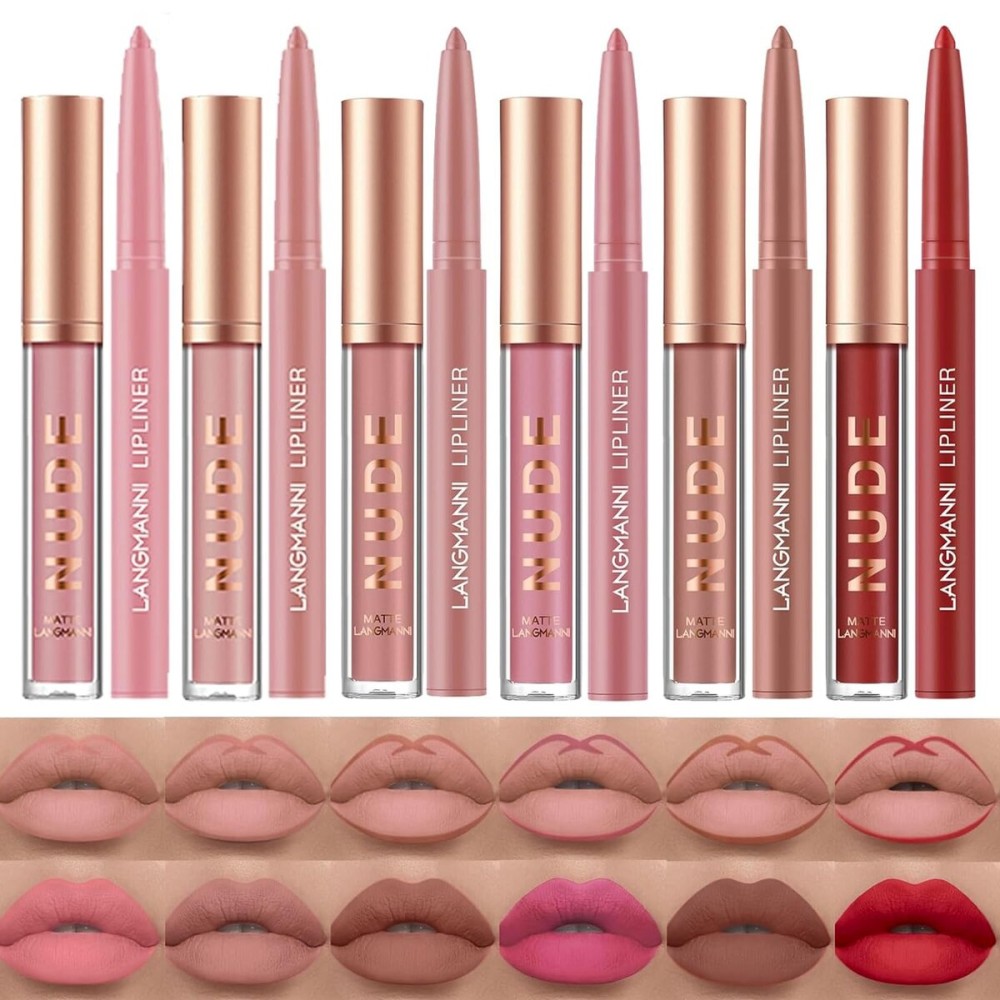 LANGMANNI 6 Matte Lipstick with 6 Lipliners Durable Makeup Set,Long-Lasting Non-Stick Cup Not Fade Waterproof Pigmented Velvet Lipgloss Kit Beauty Cosmetics Makeup Gift for Girls (B)
