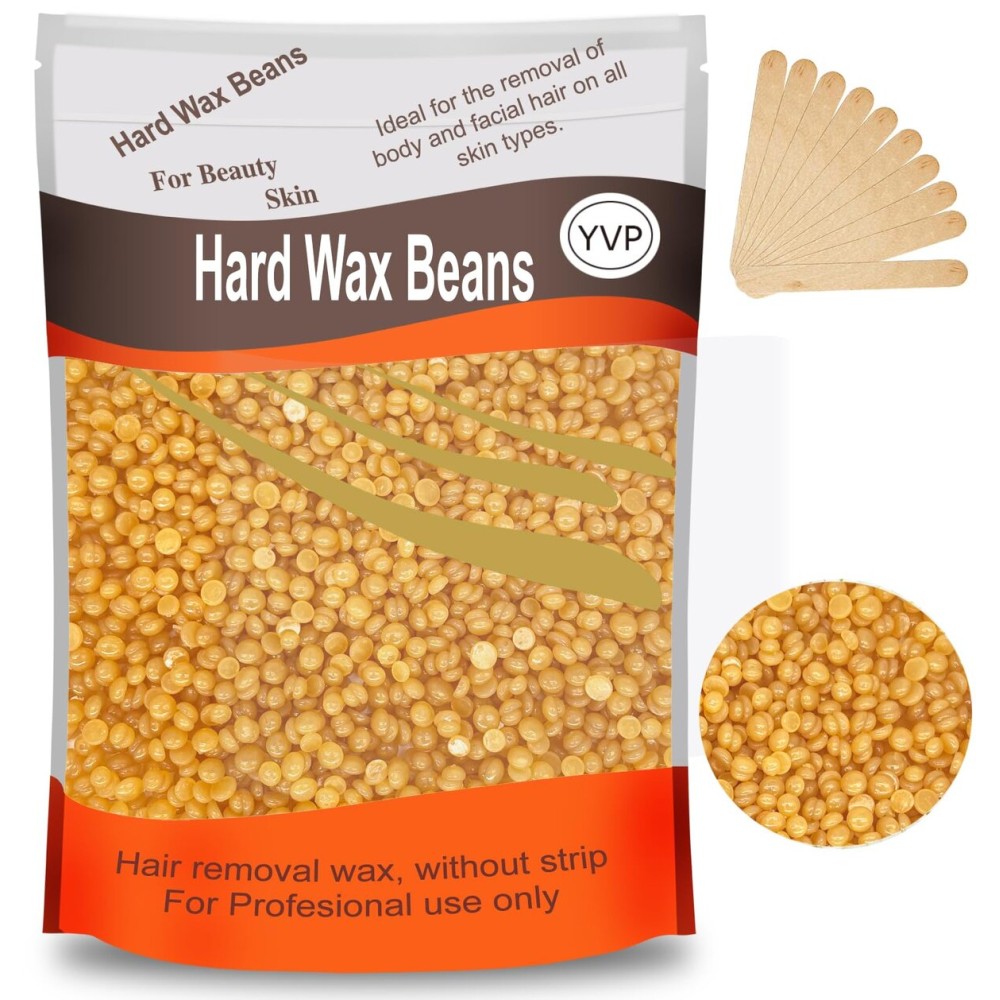 Hard Wax Beads for Hair Removal, Yovanpur Wax Beans for Brazilian Waxing, Waxing Beans for Sensitive Skin, Face Eyebrow Legs At Home Pearl Wax, 300g /bag with 10pcs Sticks(Gold)