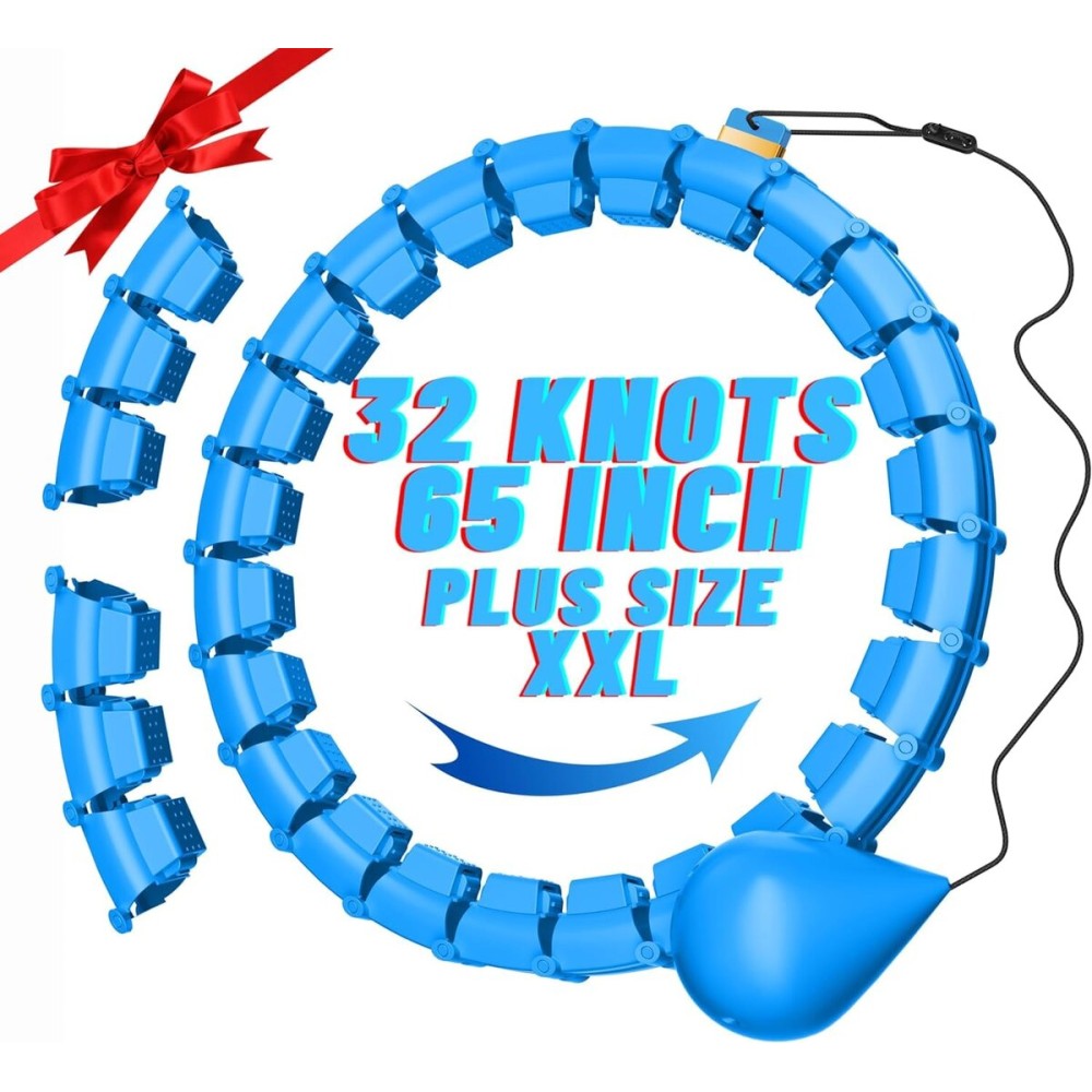 32 Knots Weighted Workout Hoop Plus Size, 65 inch Smart Weighted Hoop for Adults Weight Loss, 2 in 1 Fitness Exercise Hoop for Women and Abdominal Workout Hoop (Blue)