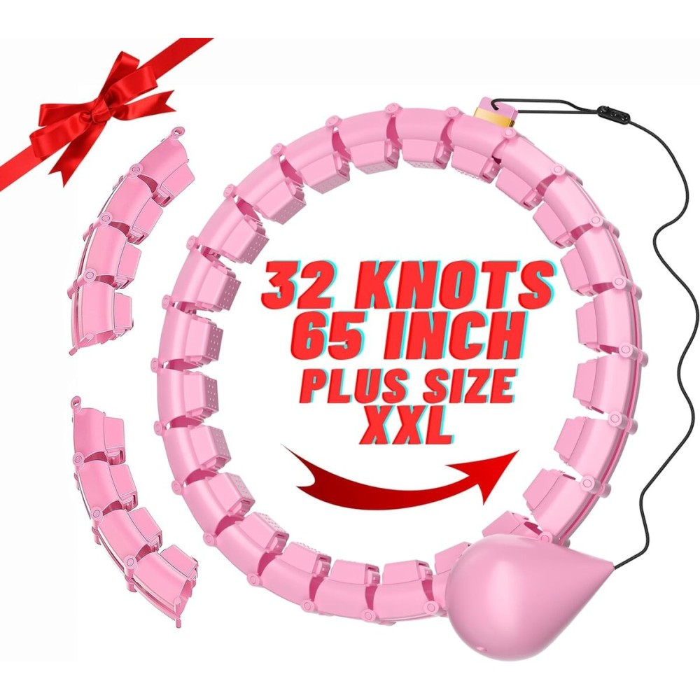 32 Knots Weighted Workout Hoop Plus Size, 65 inch Smart Weighted Hoop for Adults Weight Loss, 2 in 1 Fitness Exercise Hoop for Women and Abdominal Workout Hoop (Pink)