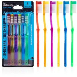 Lingito Extra Firm Toothbrush Set for Adults or Smokers Travel Toothbrush Kit, Hard Multicolor Denture Brush, Large Head, Manual Travel Toothbrush Hard Bristles (Transparent - 6 Pack)