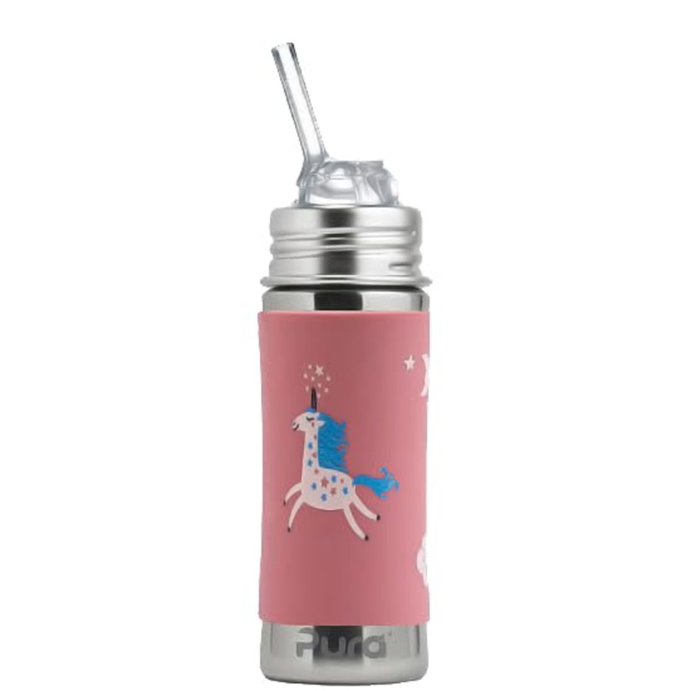 Pura Kiki 11oz/325ml Stainless Steel Straw Bottle w/Sleeve, 100% Plastic-Free, MadeSafe Certified, 100% Medical-Grade Silicone Straw for Kids, Toddlers, Preschoolers, Babies & Infant - New Unicorn