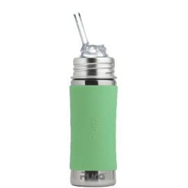 Pura Kiki 11oz/325ml Stainless Steel Straw Bottle w/Sleeve, 100% Plastic-Free, MadeSafe Certified, 100% Medical-Grade Silicone Straw for Kids, Toddlers, Preschoolers, Babies & Infant - New Moss