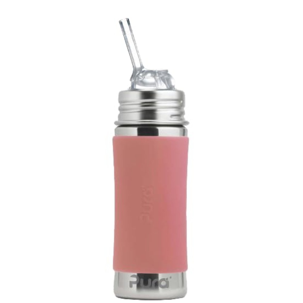 Pura Kiki 11oz/325ml Stainless Steel Straw Bottle w/Sleeve - 100% Plastic-Free, MadeSafe Certified, 100% Medical-Grade Silicone Straw for Kids, Toddlers, Preschoolers, Babies & Infant - New Rose