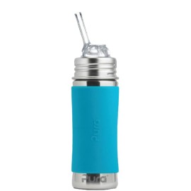 Pura Kiki 11oz/325ml Stainless Steel Straw Bottle w/Sleeve - 100% Plastic-Free, MadeSafe Certified, 100% Medical-Grade Silicone Straw for Kids, Toddlers, Preschoolers, Babies & Infant - New Aqua