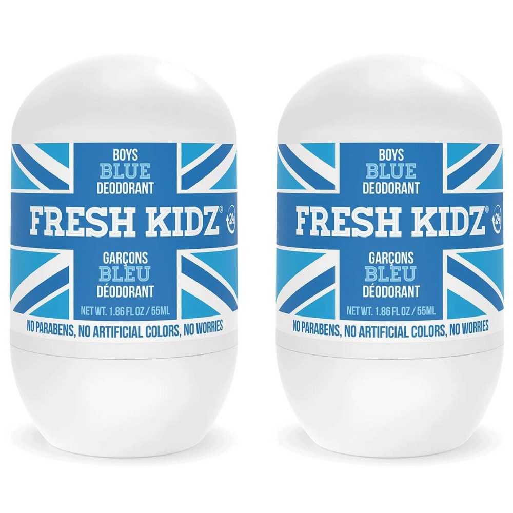 Fresh Kidz Roll On Deodorant for Kids and Teens - Baking Soda and Aluminum-free 24 Hour Protection for Sensitive Skin - Boys Blue 1.86 fl.oz. (2 Pack)