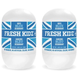 Fresh Kidz Roll On Deodorant for Kids and Teens - Baking Soda and Aluminum-free 24 Hour Protection for Sensitive Skin - Boys Blue 1.86 fl.oz. (2 Pack)