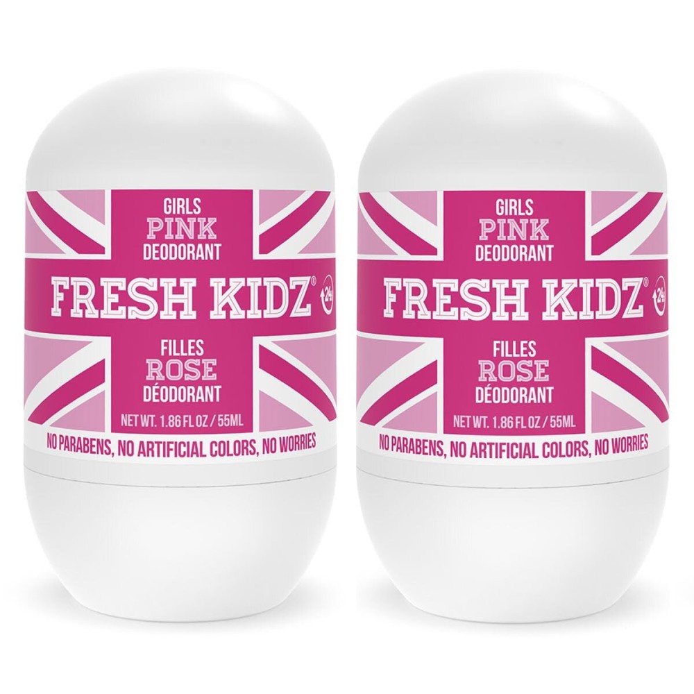Fresh Kidz Roll On Deodorant for Kids and Teens - Baking Soda and Aluminum-free 24 Hour Protection for Sensitive Skin - Girls Pink 1.86 fl.oz. (2 Pack)