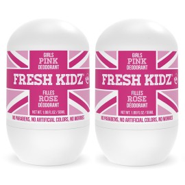 Fresh Kidz Roll On Deodorant for Kids and Teens - Baking Soda and Aluminum-free 24 Hour Protection for Sensitive Skin - Girls Pink 1.86 fl.oz. (2 Pack)
