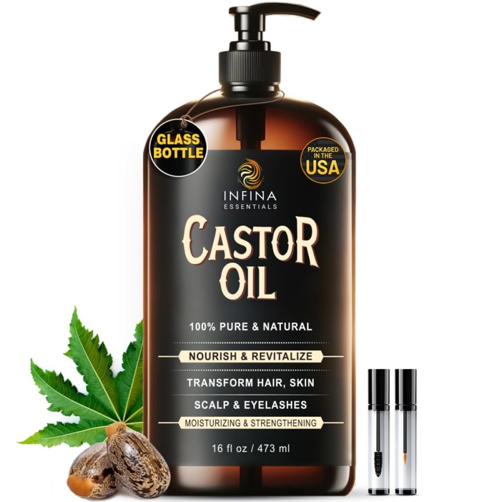 INFINA ESSENTIALS Pure Cold Pressed Castor Oil - Hexane Free, Glass Bottle for Hair Growth, Face, Scalp, Skin & Eyelashes - Nourishing and Moisturizing - 16 fl oz