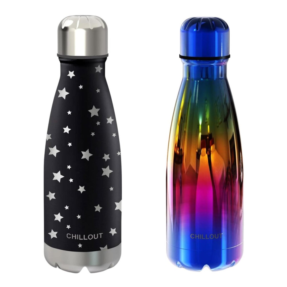CHILLOUT LIFE Stainless Steel 2 Pack Water Bottle for Kids School: 12 oz Double Wall Insulated Cola Bottle Shape for Cold and Warm Drinks, 2 Set (UV Rainbow - Star Night Sky)