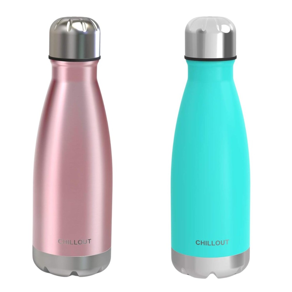 CHILLOUT LIFE Stainless Steel 2 Pack Water Bottle for Kids School: 12 oz Double Wall Insulated Cola Bottle Shape for Cold and Warm Drinks, 2 Set (Rose Gold - Aqua Blue)