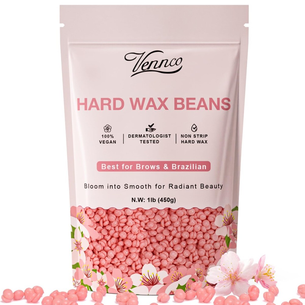 VENNCO Hard Wax Beads, 1lb Wax Beans for hair removal with Cherry Blossom Extract, Ideal for Sensitive Skin, Perfect for Facial, Eyebrows, Arms, and Brazilian Area, Wax Refill for Home Use