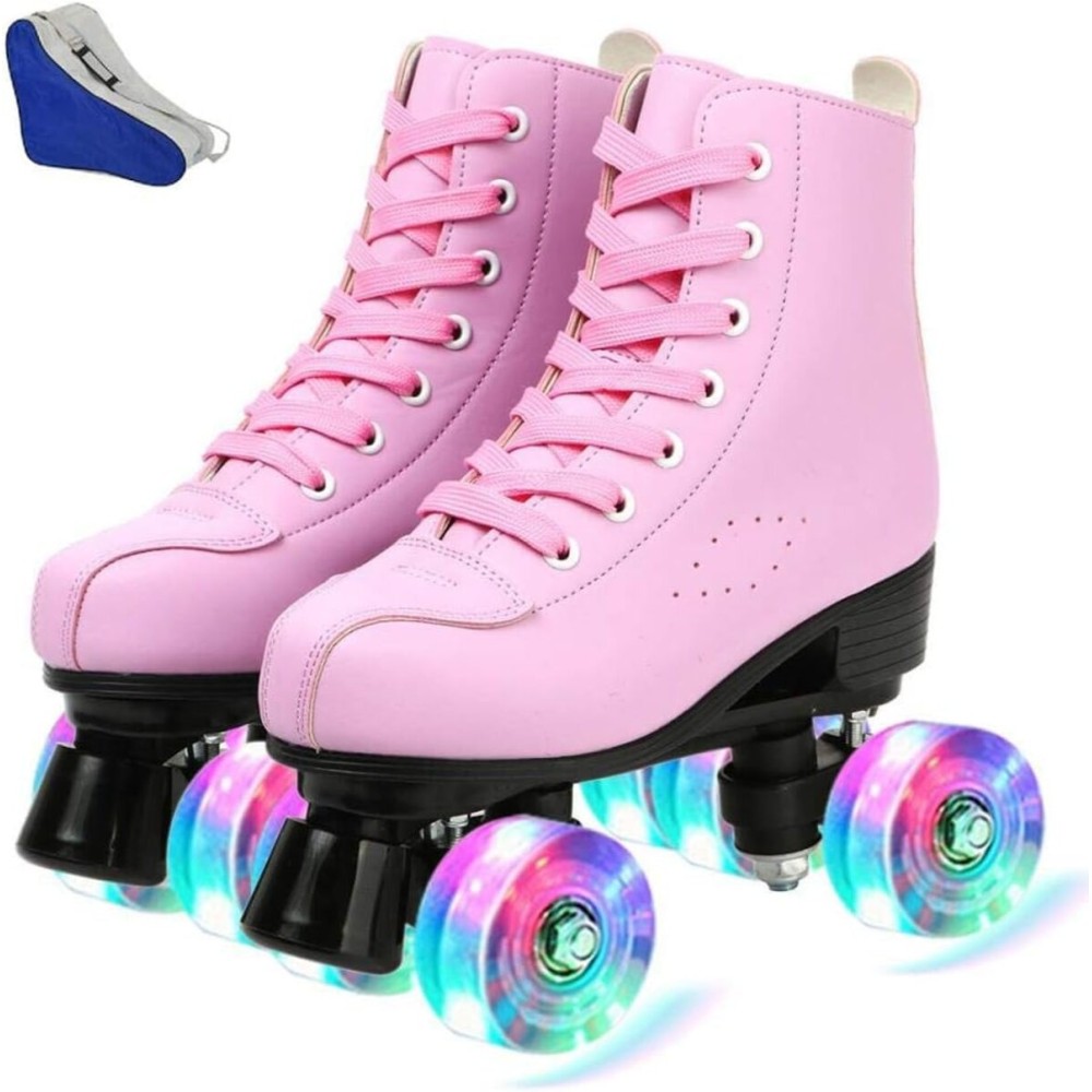 jessie Roller Skates Premium PU Leather Roller Skates for Women Classic Four-Wheel Outdoor and Indoor for Adults Women (Flash Wheel,Youth 3.5)