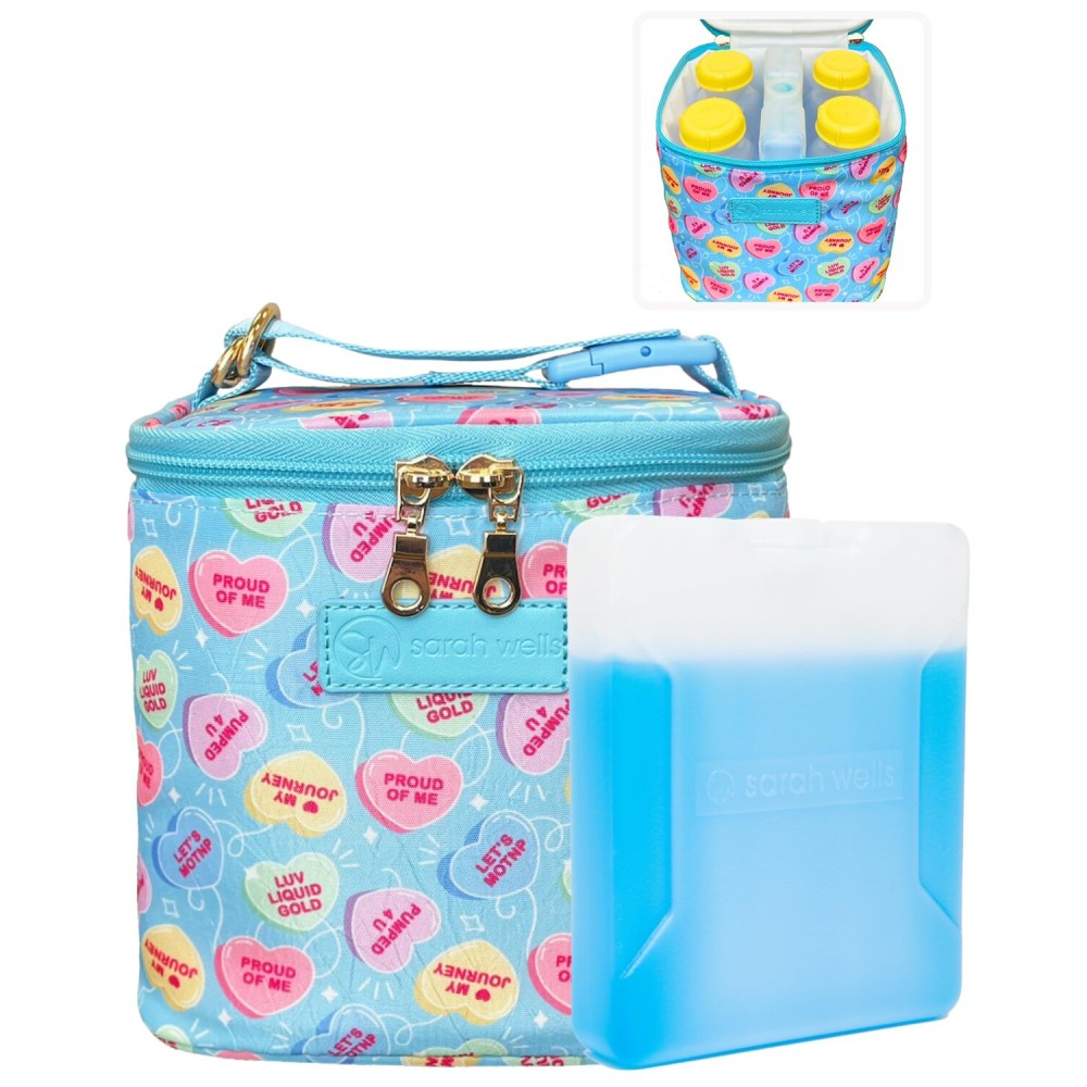 Sarah Wells Cold Gold Breastmilk Cooler Bag with Safety Tested Ice Pack - Insulated Milk Storage for Work, Travel & Daycare - Fits Bottles & Parts - Machine Washable (Candy Conversation Hearts)