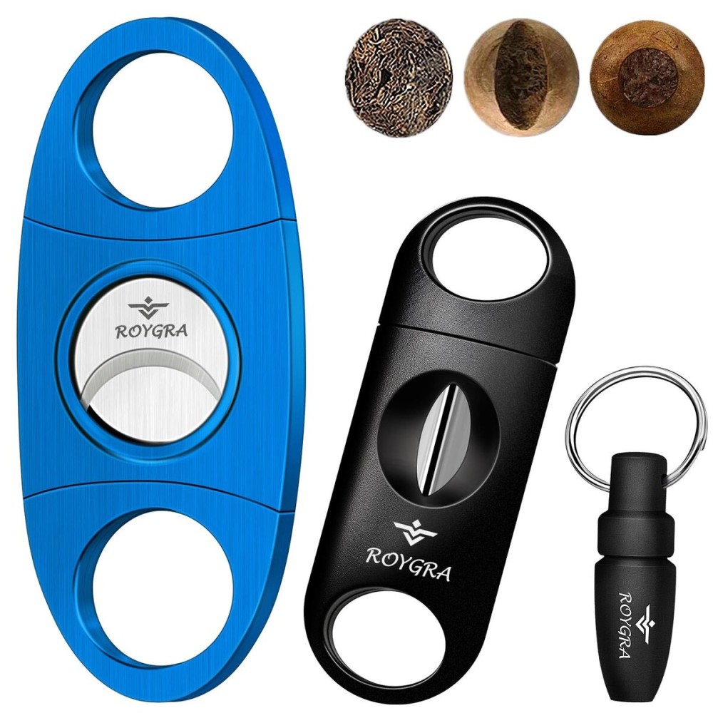 roygra Cigar Cutter Set (3 Pack), Cigar Accessories for Men - Stainless Steel Guillotine, Enlarged V-Cut Fit All Cigars, Punch Tool - Smoking Accessories, Portable Sharp Clean Cut - Blue
