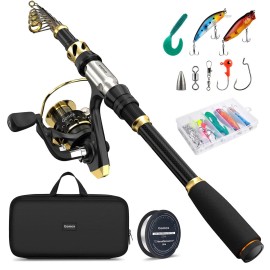Fishing Rod and Reel Combo Telescopic Pole Set with Fishing Line, Fishing Lures Kit and Carrier Bag for Sea Saltwater Freshwater (A-Full Kit with Carrier Bag, 2.4M)