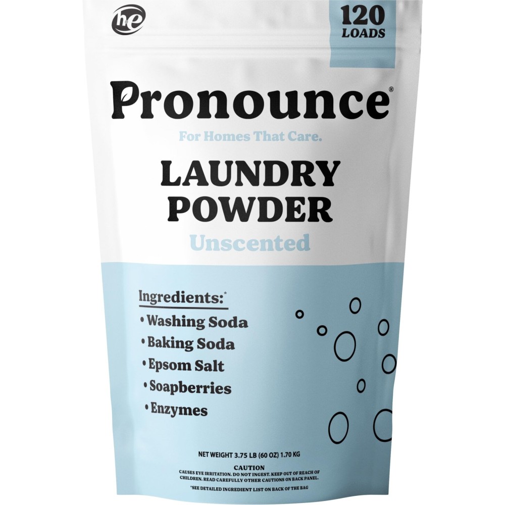 Pronounce Laundry Detergent Powder Alternative | Earth-Derived Ingredients, Eco-Friendly, Safer for Sensitive Skin, Eczema, and Babies. Stain + Smell Fighting. HE Safe (Unscented, 120 Loads)