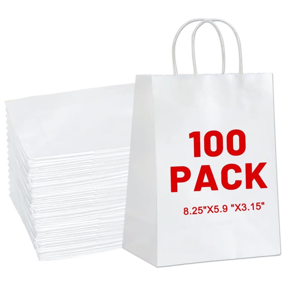 LIHOMR Gift Bags 8.25 x5.9 x3.15 100Pcs White Kraft Paper Bag with Handles for Small Business Christmas Bulk, Wedding, Party Favor, Shopping, Lunch, Halloween Trick-or-Treat Bags