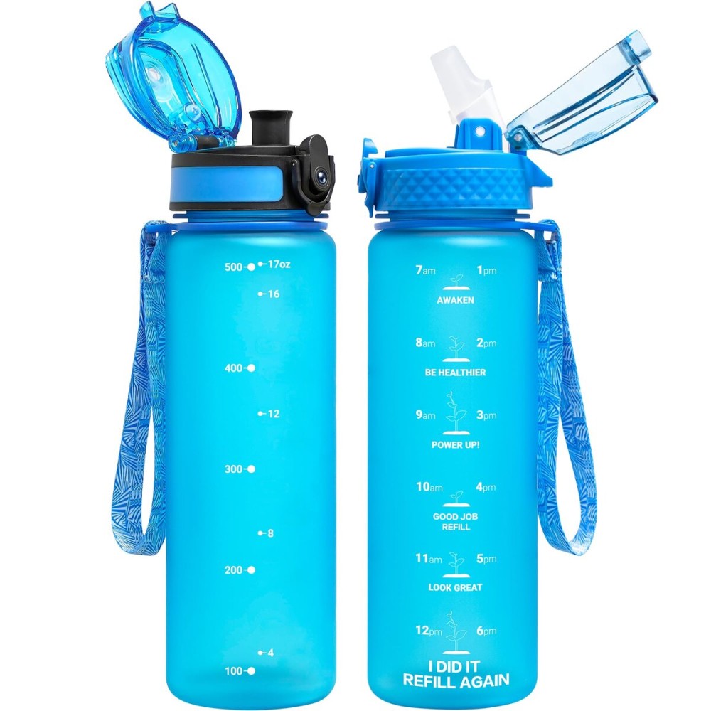 OLDLEY Kids Water Bottle for School, 17 oz (2 lids) BPA-Free Reusable Leak-proof Durable Tritan Plastic Water Bottles with Straw & Chug Lids, Anti-dust Spout Cover (Blue)