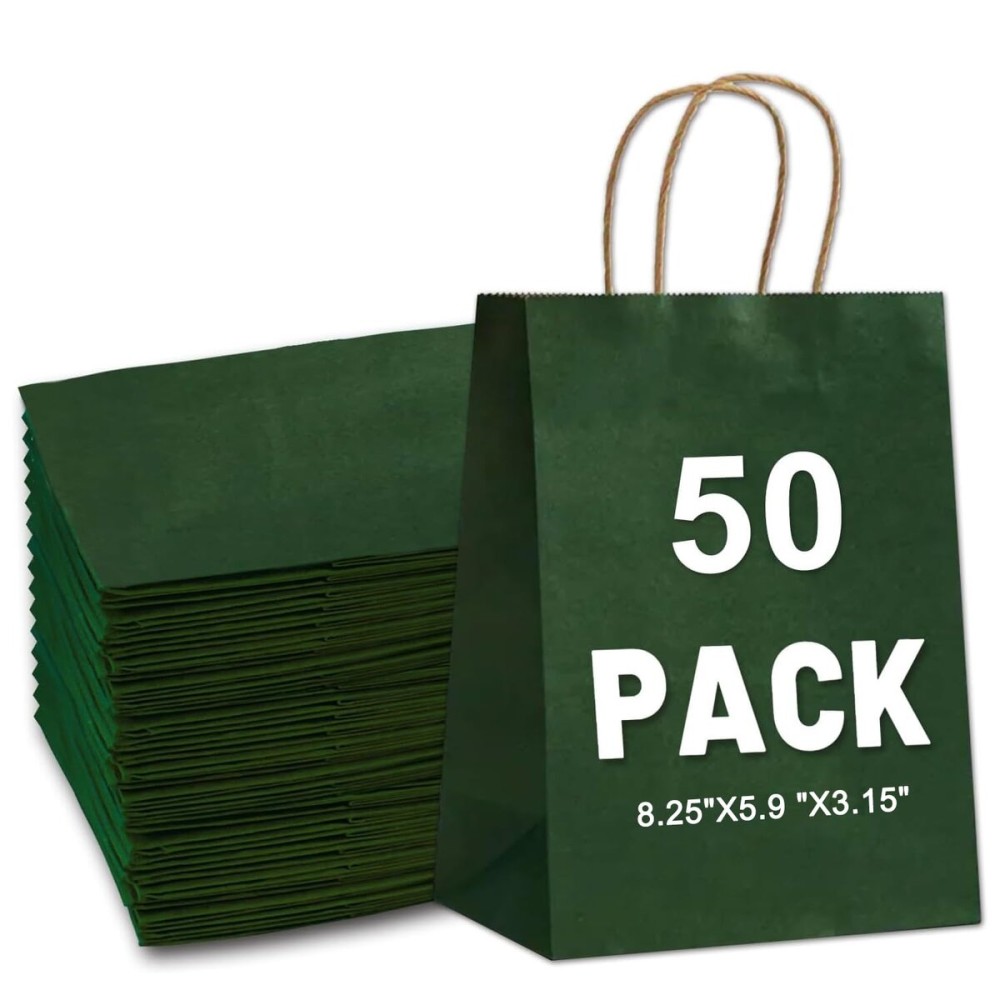 Gift Bags 8.25x5.9 x3.15 50Pcs Paper Bags with Handles,kraft paper Bags for Small Business Christmas Bulk, Wedding, Party Favor, Shopping, Lunch, Halloween Trick-or-Treat (Green)