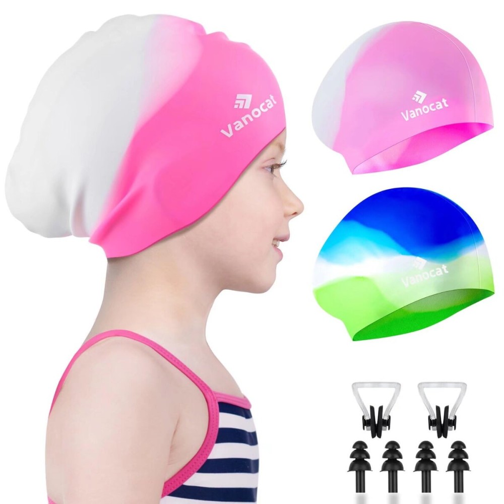 2 Pack Kids Swim Caps for Long/Short Hair, Unisex Silicone Swimming Cap for Age 3-15 Children Toddler Youth Teen, Waterproof Shower Cap Bathing Hats for Girls Boys with Ear Plugs & Nose Clip-13
