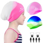 2 Pack Kids Swim Caps for Long/Short Hair, Unisex Silicone Swimming Cap for Age 3-15 Children Toddler Youth Teen, Waterproof Shower Cap Bathing Hats for Girls Boys with Ear Plugs & Nose Clip-13
