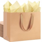 SHIPKEY 12 Pack Large Brown Gift Bags, 5 Senses Kraft Bags with Golden Tissue Paper, 12.5x4.5x11 Inches Paper Bags with Handles (32x11.5x28cm)