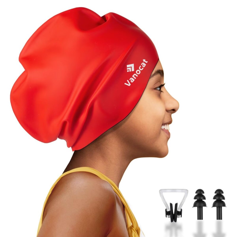 Kids Extra Large Swim Cap for Long Hair, Waterproof Silicone Swimming Caps for Boys Girls Children Youth Teen, Large Swim Hat for Long Thick Curly Hair & Dreadlocks Braids Weaves Afro Hair(Red)