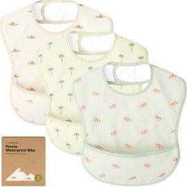 3-Pack Waterproof Baby Bibs for Eating - Lightweight Toddler Feeding Bibs with Large Food Catcher, Mess Proof, Food-Grade Baby Eating Essentials, Easy to Put On & Clean (Roarsome)