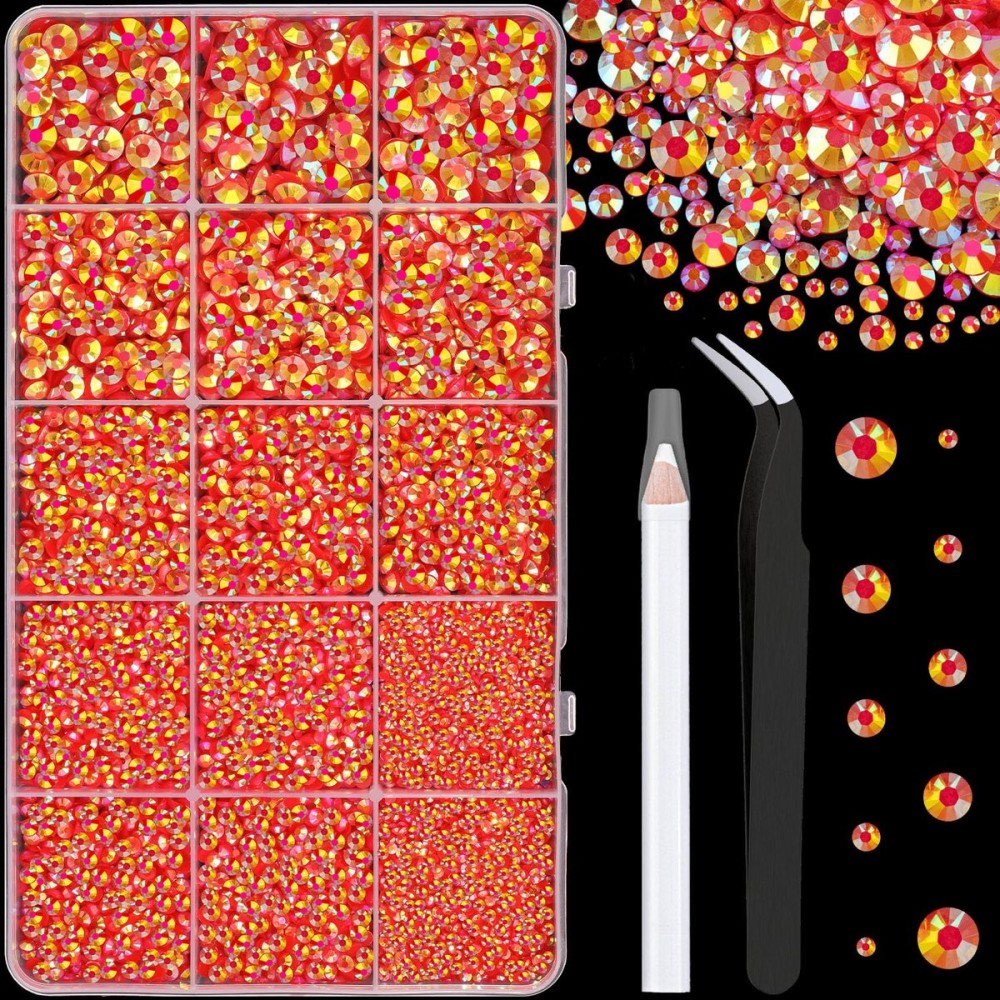 16000Pcs Resin Jelly Rhinestones with Tweezers for Crafting, Red AB 2-6mm Mixed Sizes Flatback Gems, Bedazzling Crystal for DIY Crafts Clothing Tumblers Mugs Shoes Fabric Nail Art
