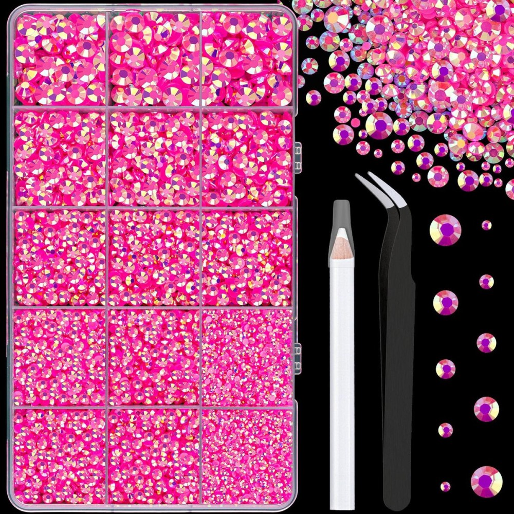 16000Pcs Resin Jelly Rhinestones with Tweezers for Crafting, Hot Pink AB 2-6mm Mixed Sizes Flatback Gems, Bedazzling Crystal for DIY Crafts Clothing Tumblers Mugs Shoes Fabric Nail Art
