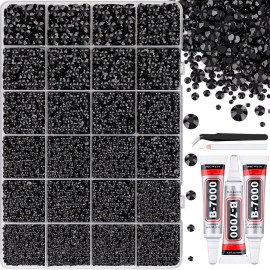 32000Pcs Black Rhinestones for Bedazzling, Flatback Resin Gems Crystal, Bedazzler Kit with 3Pcs 10ml B7000 Jewelry Glue and Tweezers for Makeup Crafting Nail Art