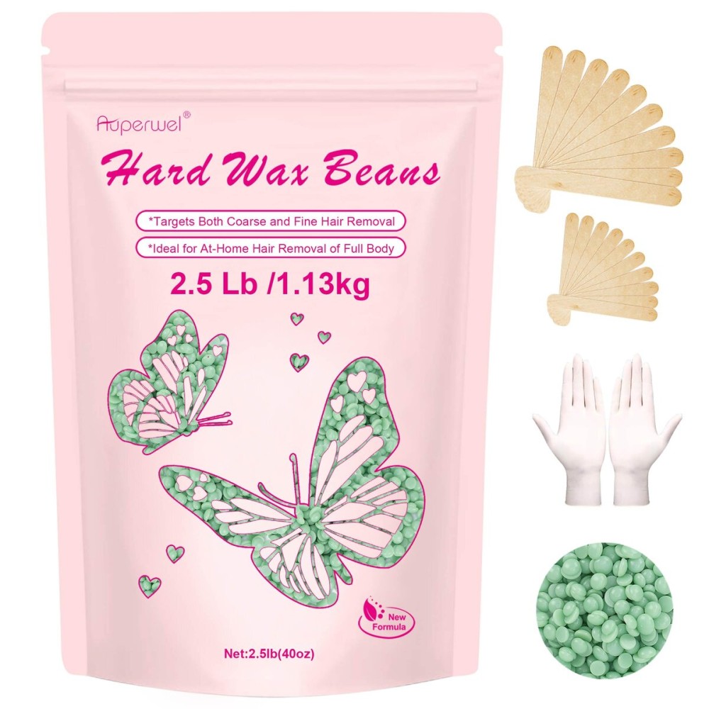 Hard Wax Beads for Hair Removal - 2.5lb/40oz Sensitive Skin Waxing Kit with 20 Sticks for Brazilian, Bikini, Underarms, Face & Body - Large Bulk Tea Tree Wax Beads