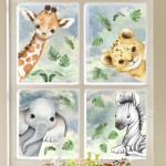22.44 x 21.25 Inch Watercolor Jungle Animal Window Clings Tiger Lion Elephant Zebra Window Stickers Double-Side Safari Animal Window Stickers for Baby Nursery Playroom Bedroom Window Glass Wall Decor