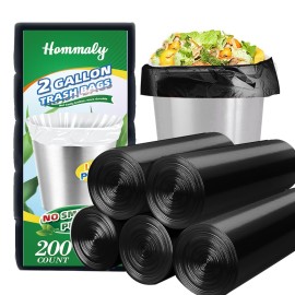 Hommaly 2 Gallon 200 pcs Small Black Trash Bags(Fit1.8-2 Gal), Strong 1.8 Gallon Garbage Bags, Bathroom Trash Can Bin Liners, Mini Plastic Bags for Office,Waste Basket Liner,Fit 6,7,8 Liters-Black