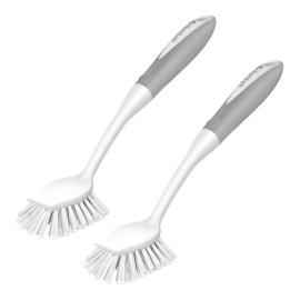 SetSail Dish Brush with Handle, 2 Pack Stiff Bristles Dish Scrubber with Built-in Scraper Dish Scrub Brushes for Cleaning Dishes, Pots and Pans, Kitchen Sink, Grey
