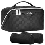 BOYATU Travel Makeup Bags for Women: Vegan Leather Cosmetic Bag Set of 3 - Large Capacity Make up Bag with Divider - Wide Open Waterproof Toiletry Organizer Bag with Handle (L13-Black)