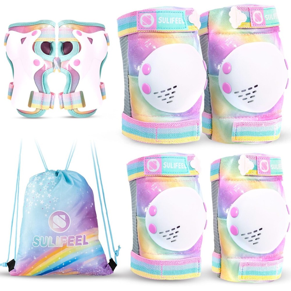 SULIFEEL Rainbow Unicorn Knee Pads for Kids Knee Elbow Pads Wrist Guards with Drawstring Bag Adjustable Protective Gear Set for Girls Roller Skating Bike Cycling Skateboard Scooter Dazzling Small