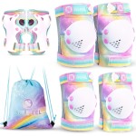 SULIFEEL Rainbow Unicorn Knee Pads for Kids Knee Elbow Pads Wrist Guards with Drawstring Bag Adjustable Protective Gear Set for Girls Roller Skating Bike Cycling Skateboard Scooter Dazzling Small