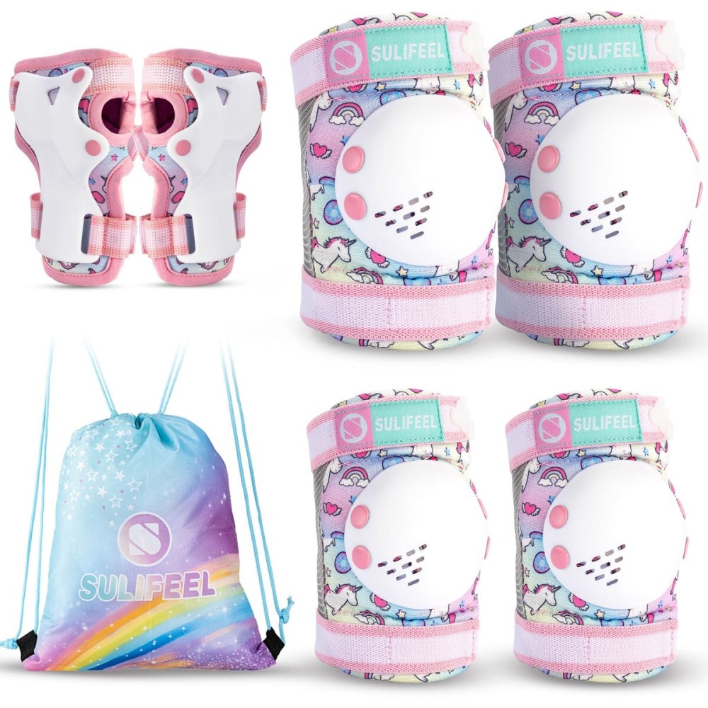 SULIFEEL Rainbow Unicorn Knee Pads for Kids Knee Elbow Pads Wrist Guards with Drawstring Bag Adjustable Protective Gear Set for Girls Roller Skating Bike Cycling Skateboard Scooter