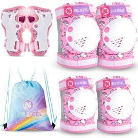SULIFEEL Rainbow Unicorn Knee Pads for Kids Knee Elbow Pads Wrist Guards with Drawstring Bag Adjustable Protective Gear Set for Girls Roller Skating Bike Cycling Skateboard Scooter Unicorn Pink Small