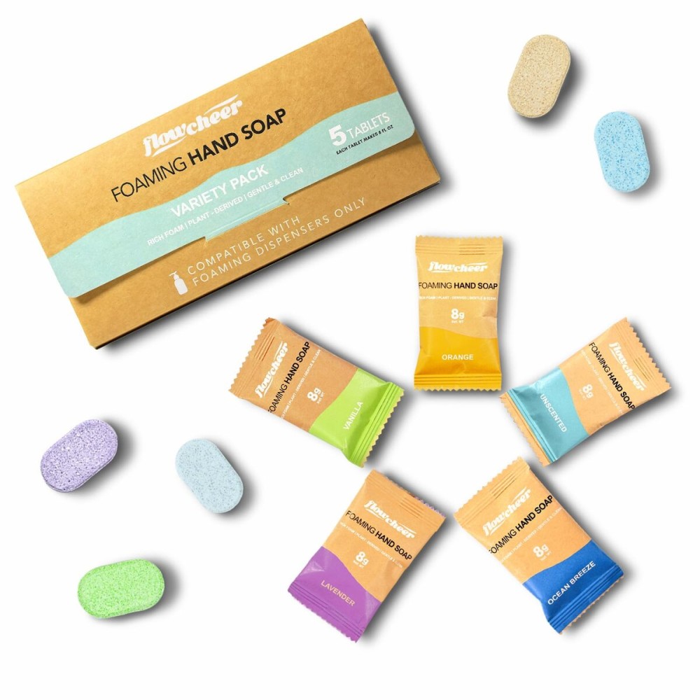 flowcheer Foaming Hand Soap Refill Tablets -5 Sample Pack Hand Wash Tablets, Zero Waste Eco Friendly Cleaning Supplies-Fills 5 X 9 fl oz Refillable Foam Dispenser(45 Fl oz total)