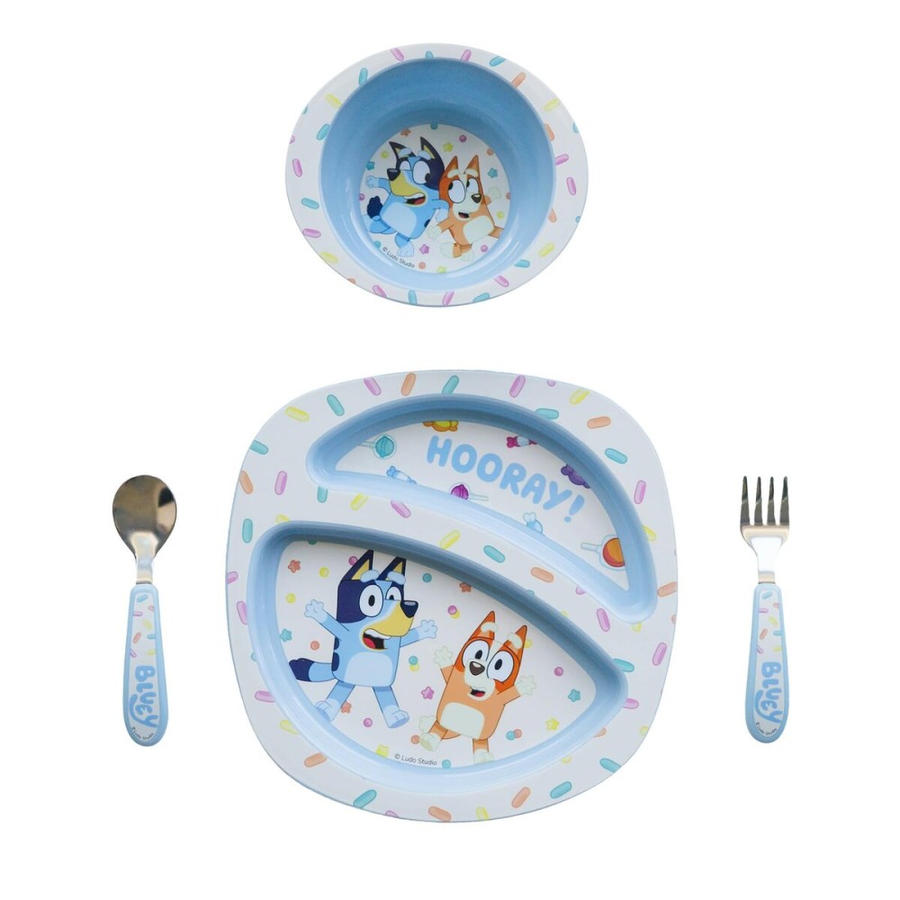 The First Years Bluey 4-Piece Place Setting - BPA Free Dishwasher Safe Toddler Dinnerware Set with Divided Plate, Bowl, Fork, Spoon - Multicolor